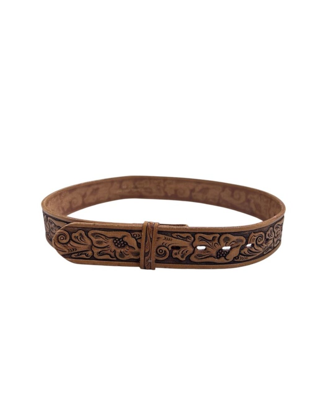 Tan Tooled Leather Western Belt Floral Rodeo Festival Boho Casual Art